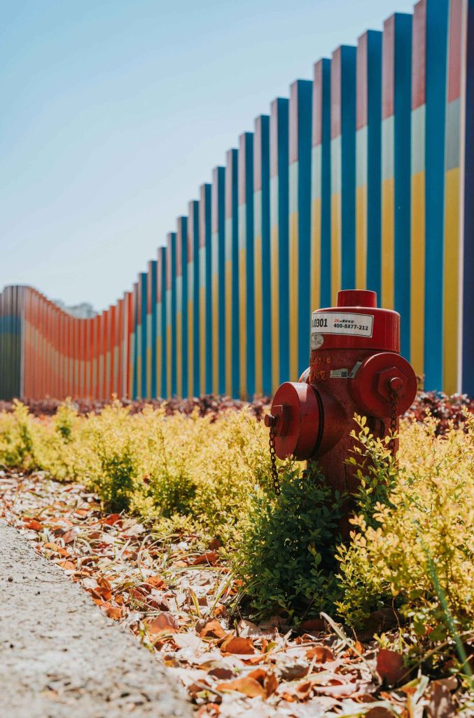Roter Hydrant vor einer bunten, wellenförmigen Wand.